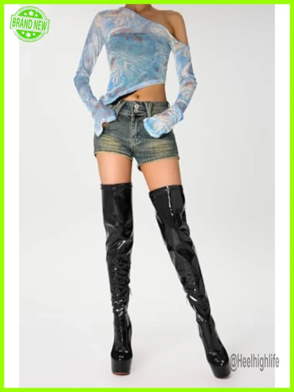 Patent Leather Over The Knee Stiletto Platform Boots Thigh High Heels 5.9in
